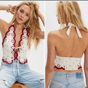 Nwot-Annie Halter Top Off White/ Ivory /Deep Red Cotton Mix